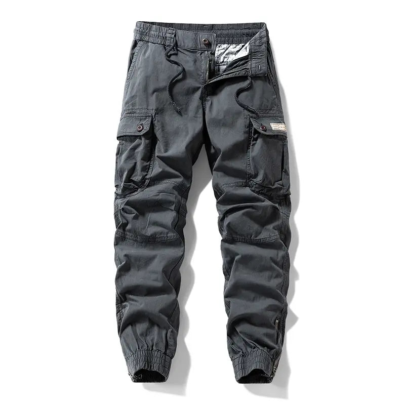 Men's Loose Casual Cargo Pants - Black Menswear with Drawstring Cuffs, Multiple Pockets, Drawstring Fit, Stylish Retro Casual Edge, All Seasons, Back to School First Day Outfits