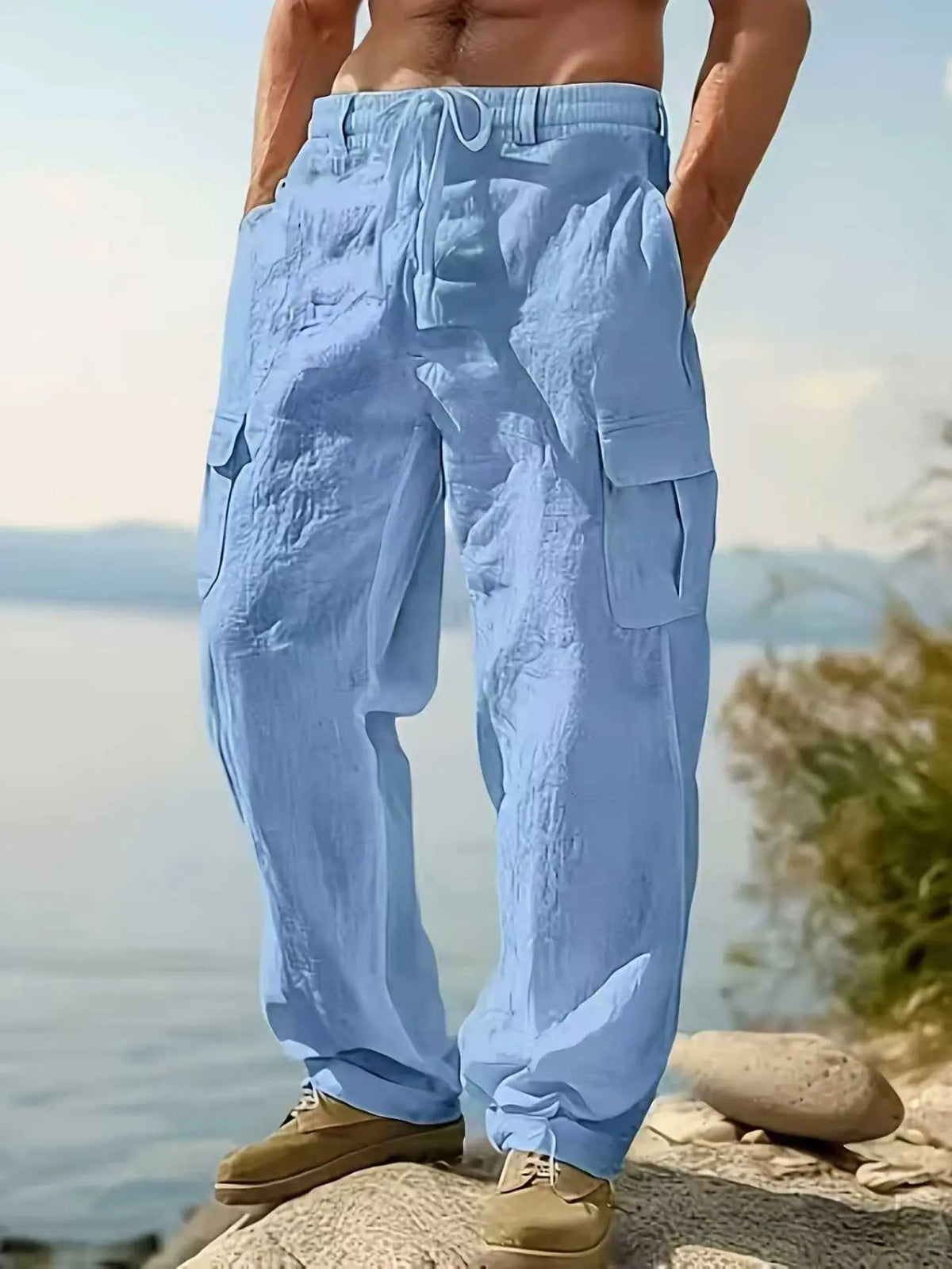 2026 Fashion Comfy Men's Linen Cargo Trouser Pants for Outdoor Beach, Drawstring Multi-Pocket Straight Leg Breathable Classic Casual Long Pants