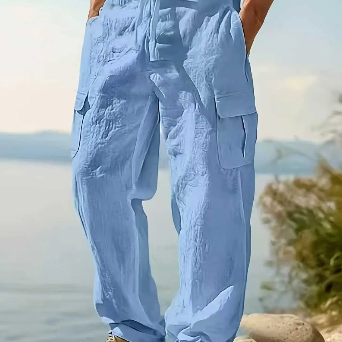 2026 Fashion Comfy Men's Linen Cargo Trouser Pants for Outdoor Beach, Drawstring Multi-Pocket Straight Leg Breathable Classic Casual Long Pants