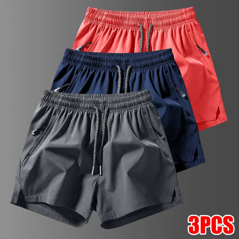 Men's 3-Counts Plain Solid Drawstring Shorts - Male Clothing, Drawstring Hold Fit, Casual Athletic Men's Shorts, Zipper Pockets, Chic Preppy Fitted Cut, Breathable Elastic Waist, Machine Washable Athleisure Bottoms, Athleisure to Beach
