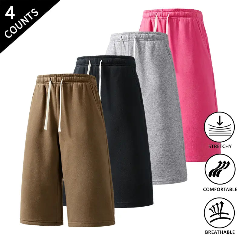 Men's Plain Fabric Casual Lounge Capri Pants (4-Pack) - Elastic Waist, Soft, Expandable, Above the Knee Everyday Cropped Bottoms in Coffee+Black+Light Gray+Rose Red, Light Gray+Black+Rose Red+Dark Gray, Rose Red+Navy Blue+Black+Light Gray