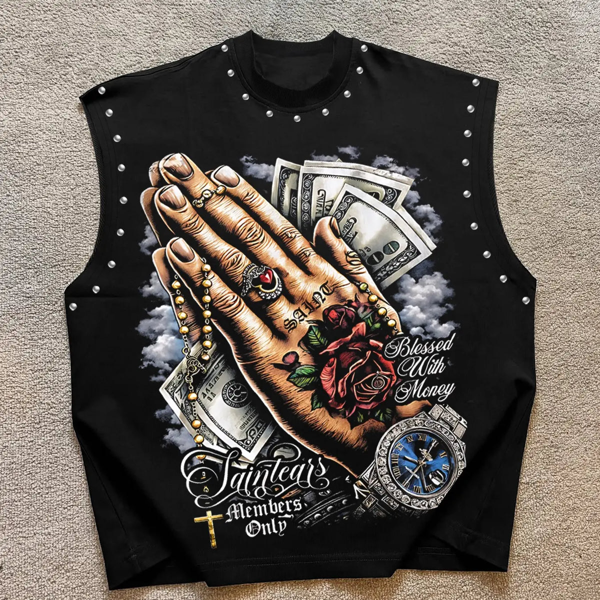 Men's Casual Vest, Sleeveless Graphic Vest, Print Praying Hands + Money + Rose + Watch, Letter Slogan, Regular Fit, Fashion Versatile, Trendy Store Wear, Sleeveless Vests