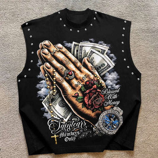 Men's Casual Vest, Sleeveless Graphic Vest, Print Praying Hands + Money + Rose + Watch, Letter Slogan, Regular Fit, Fashion Versatile, Trendy Store Wear, Sleeveless Vests
