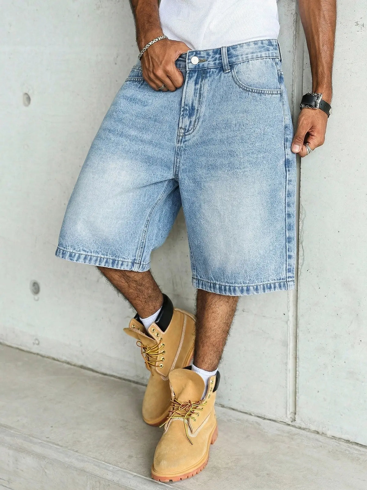 Men's Loose Fit Oversize Wide Leg Casual Fashion Denim Shorts, Classic Street Style, Plain Color with Pocket Design