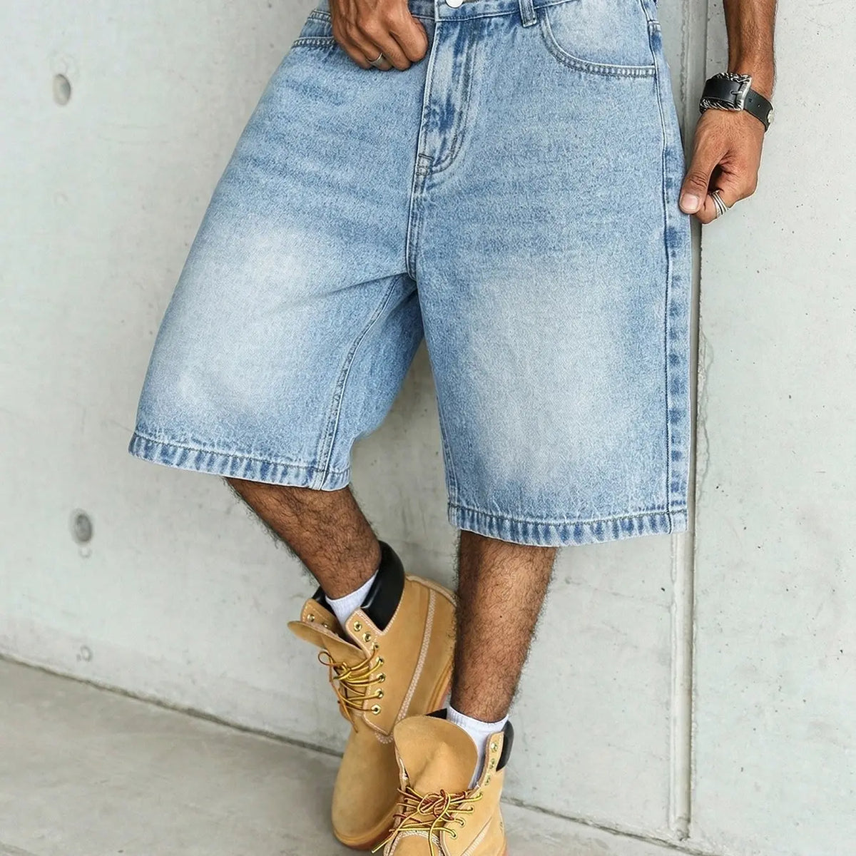 Men's Loose Fit Oversize Wide Leg Casual Fashion Denim Shorts, Classic Street Style, Plain Color with Pocket Design