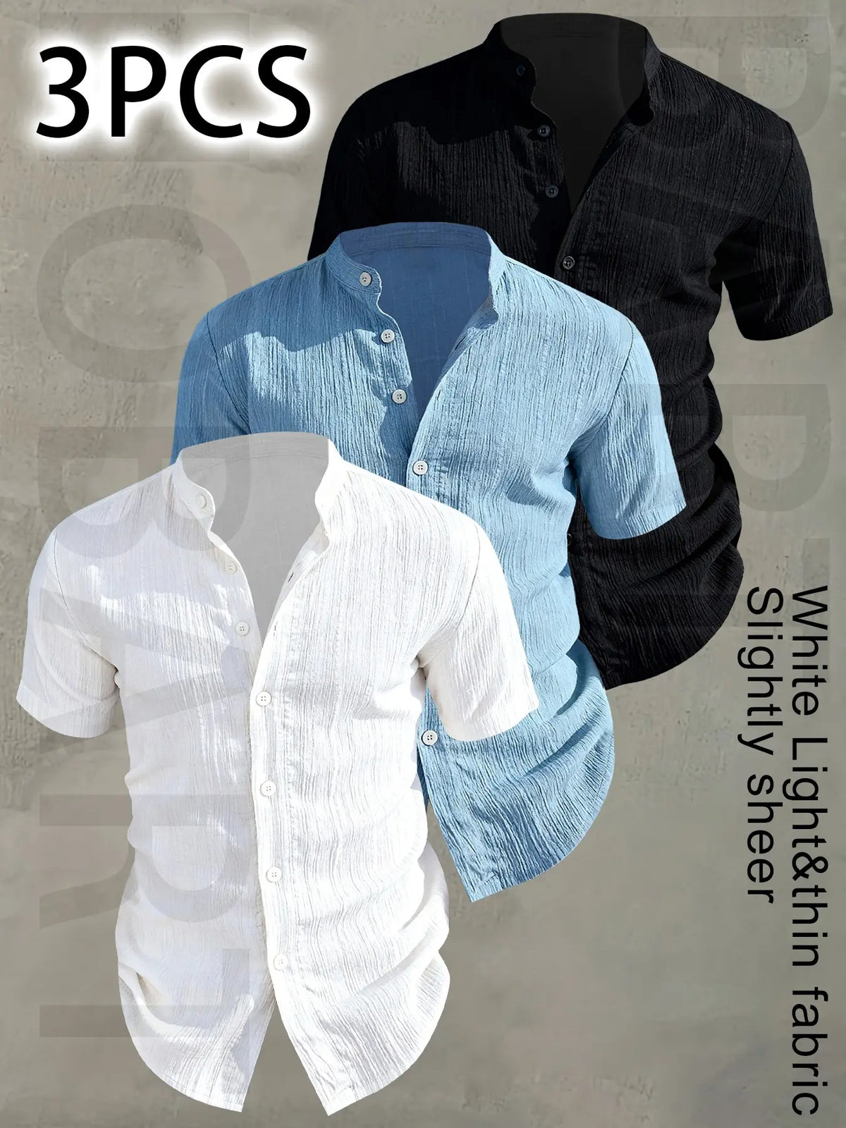 3pcs Set Men's Summer Short Sleeve - Lightweight Breathable Plain Color Button-Up Casual Shirt with Stand Collar, Low-cut collar designr Beach Vacation, Pool Party & Casual Attire, Beach Shirt, Collared Fitted Shirt, gift for husband
