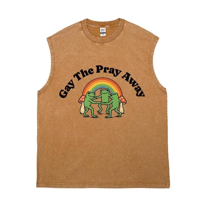 Vintage Washed Sleeveless Tank Top - 100% Cotton Casual Streetwear, Relaxed Loose Fit, Distressed Retro Muscle Tee with Rainbow Dancing Frog Mushroom Cartoon Print for LGBTQ Pride, Summer