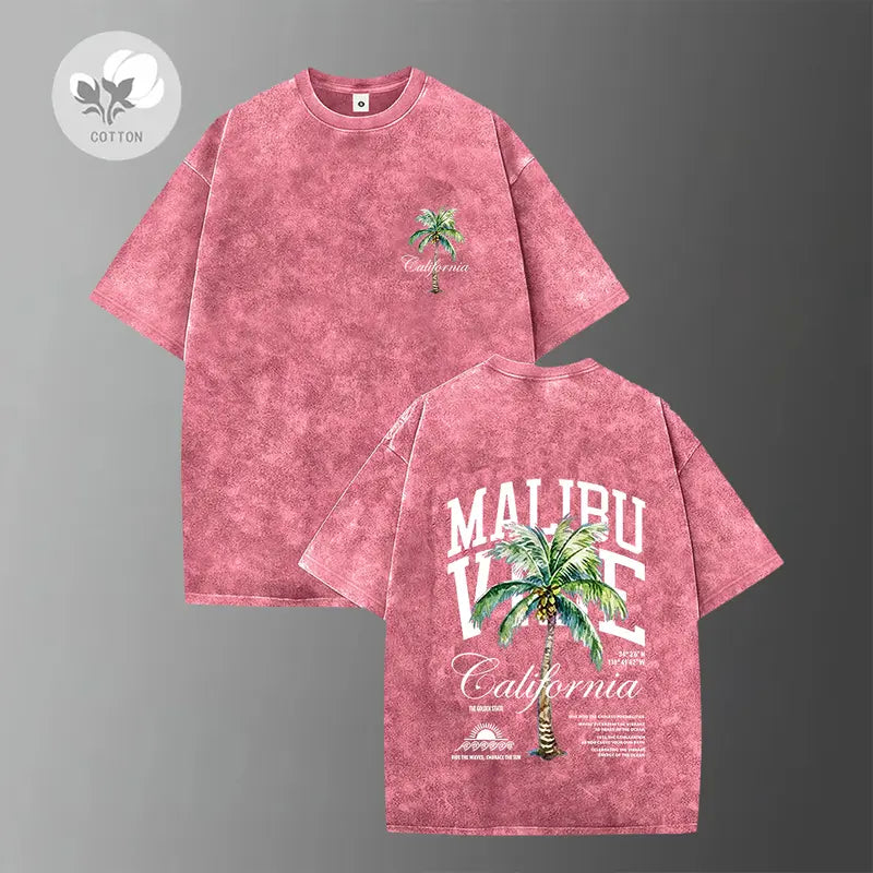 Men’s Retro Street Style Lightweight Cotton Short-Sleeve T-Shirt - Palm Tree Print, Washed Distressed Design, Good Graphic Tees - Suitable for Casual Wear, Sports - Ideal Summer Gifts for Him, Tops, Shortsleeve
