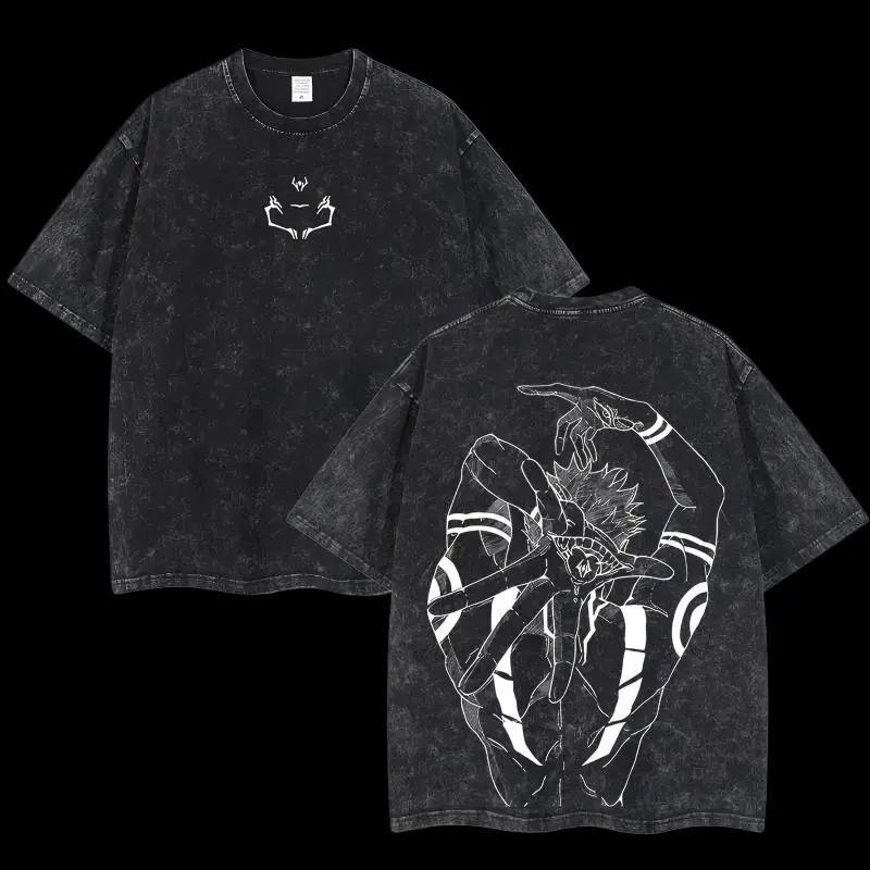 Men's 220g Pure Cotton Oversized Retro Limited Ryomen Sukuna Signature Jujutsu Kaisen Double-Printed Round Neck Short-Sleeve Streetwear Tshirt - Washed Ribbed Seamless Premium Fabric, Summer Anime Fan Gift