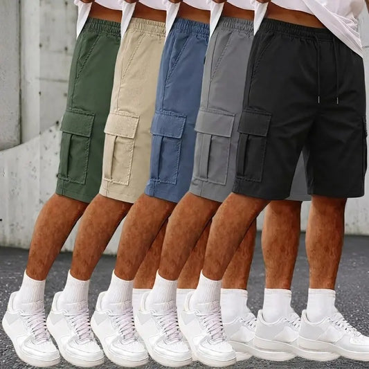 Men's Chic Loose-Fitting Cargo Shorts - Solid-Color Polyester Textured Woven Fabric, Multi-Pocket, Adjustable Waistband, Cold Water Wash/Dry Clean Compatible, Ideal for Summer Hiking, Light Outdoor Activities, Loose-Fitting Men's Shorts