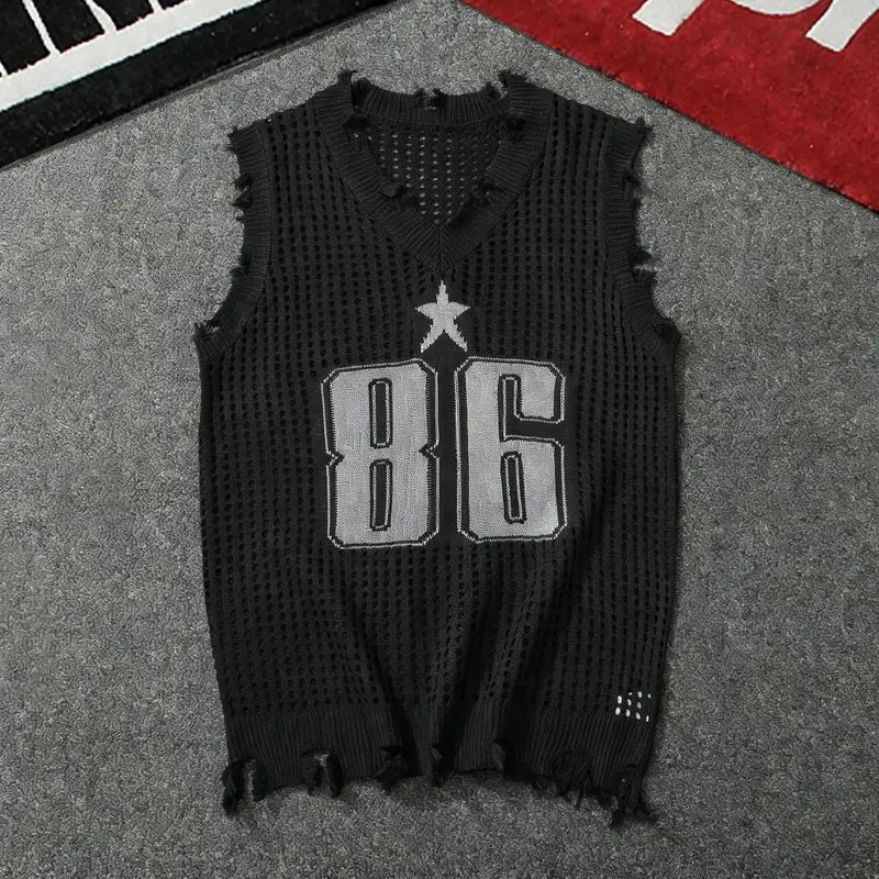 Men's Distressed 86-Hole V-Neck Retro Printed Knitted Mesh Sleeveless Vest - Loose Fitting, Medium Length, Raw Hem Edge, Layer-Ready, Breathable, Hip-Hop Edgy Athletic Casual Streetwear Top for Jeans, Baggy Pants