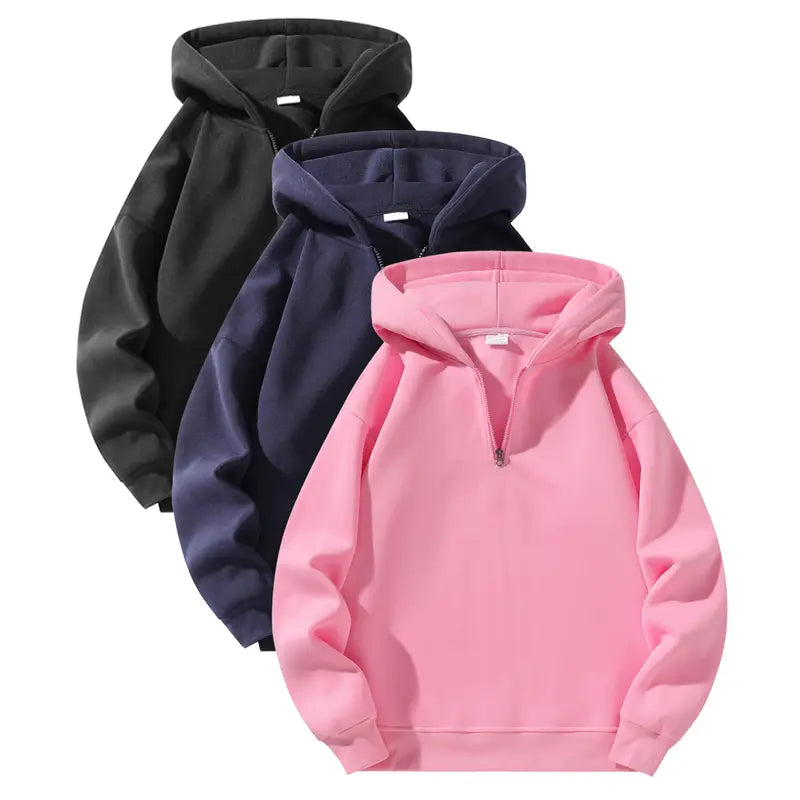 Men’s essential half-zip long-sleeve hoodie — solid color, comfortable, relaxed drop-shoulder fit, loose silhouette, casual street style, 100% polyester fiber, suitable for autumn, modern fashionable men’s top, solid-color men’s sweatshirt