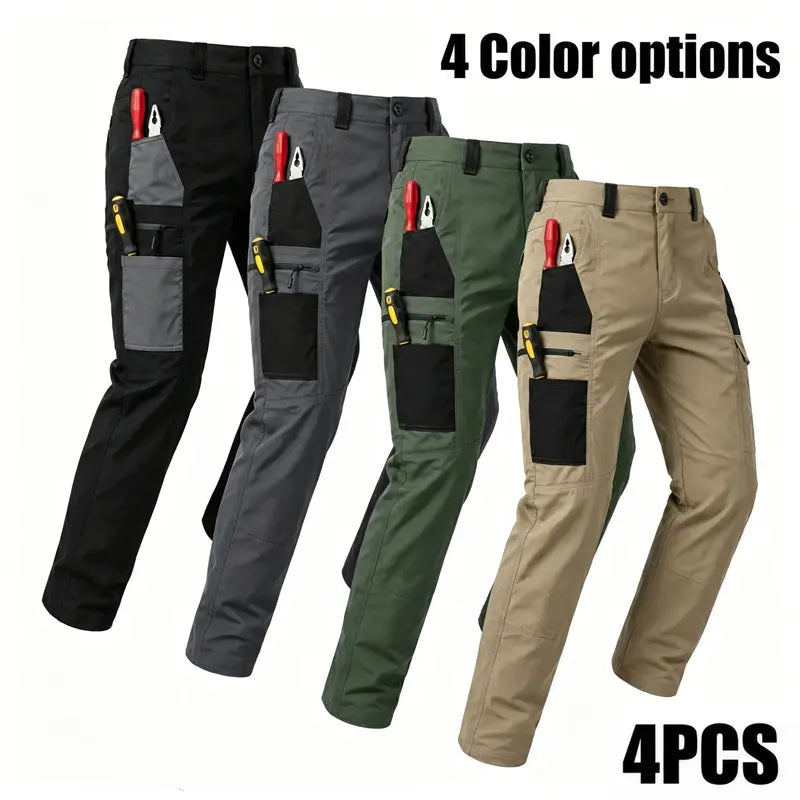 4-pack men’s tactical cargo pants with multiple pockets, durable fabric, perfect for outdoor activities and casual wear; work pants (no belt).