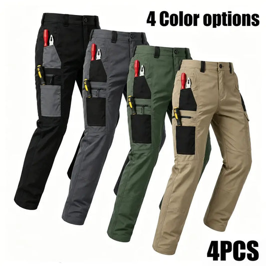 4-pack men’s tactical cargo pants with multiple pockets, durable fabric, perfect for outdoor activities and casual wear; work pants (no belt).