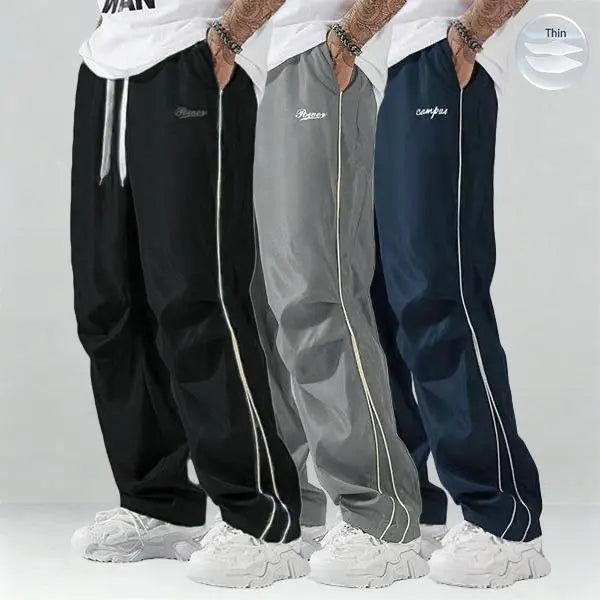 Father’s Day Gift Men’s Spring/Autumn Pants Set (1–3 pieces) | Lightweight & Soft | Side Gold Stripes | Loose Straight Fit | Street Style / Fitness / Casual Vibe | Black/Gray + Multiple Colors