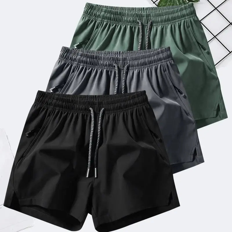 Men's 3-Counts Plain Solid Drawstring Shorts - Male Clothing, Drawstring Hold Fit, Casual Athletic Men's Shorts, Zipper Pockets, Chic Preppy Fitted Cut, Breathable Elastic Waist, Machine Washable Athleisure Bottoms, Athleisure to Beach