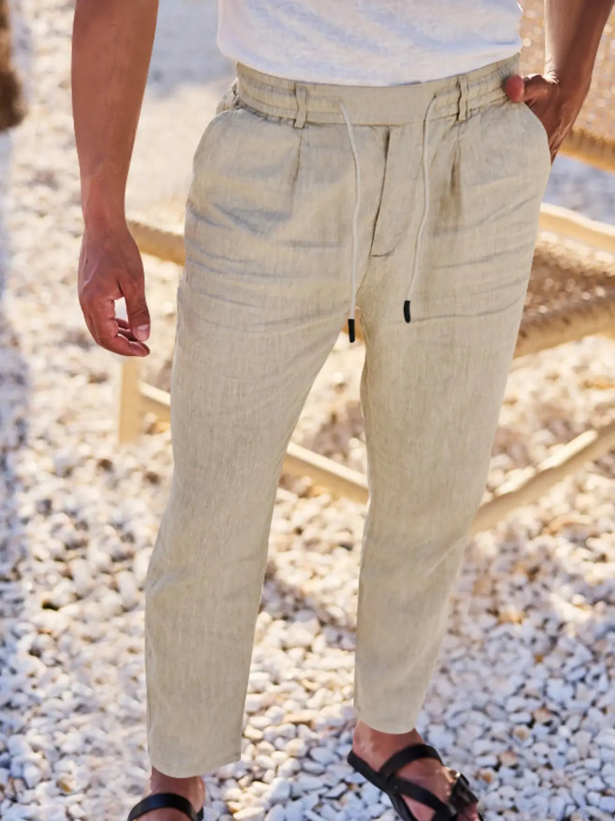 Men's Linen Pants, Fashion Trousers, Pocket Drawstring Solid Color Plain Hip Hop Beach Sports Wide Leg Long Pants, Comfortable Versatile All-Season Wear