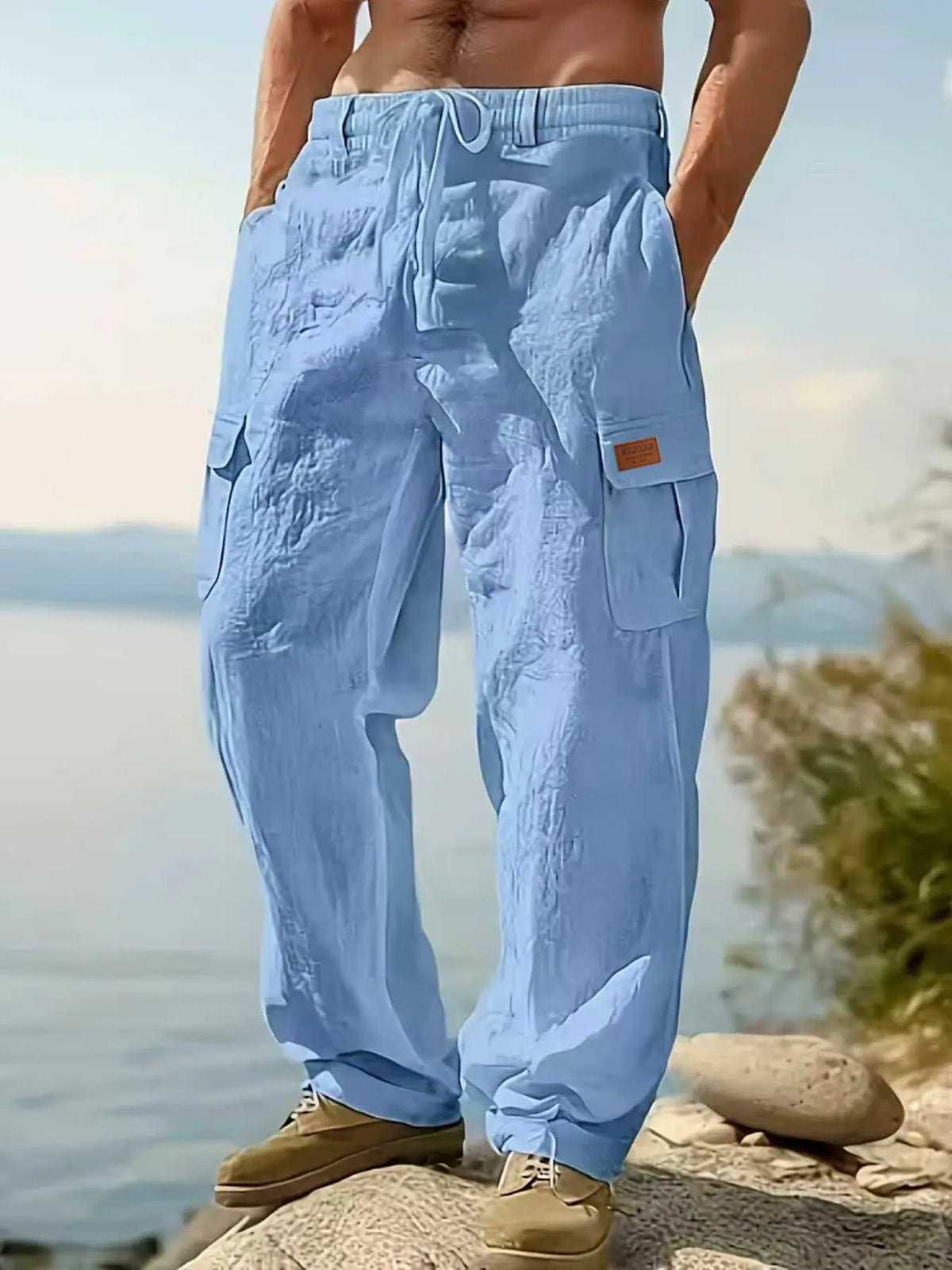 Men's Linen Cargo Style Pants Trouser with Drawstring Waist, Multiple Pockets, Straight Leg, Breathable Outdoor Beach Casual Long Pants, Breathable Casual Trousers