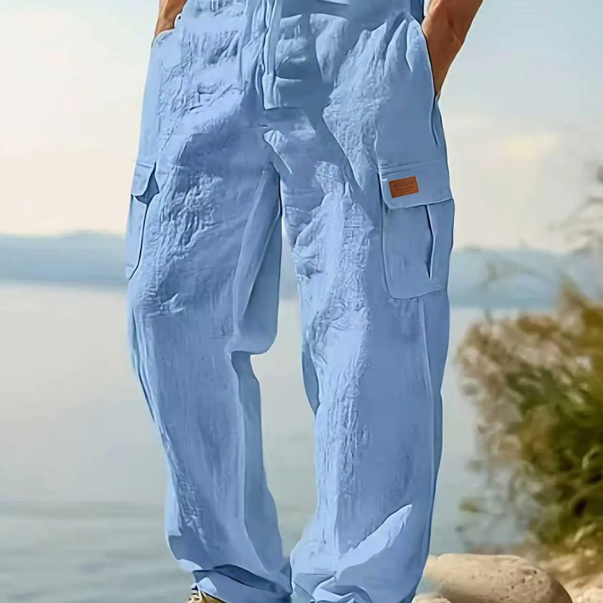 Men's Linen Cargo Style Pants Trouser with Drawstring Waist, Multiple Pockets, Straight Leg, Breathable Outdoor Beach Casual Long Pants, Breathable Casual Trousers