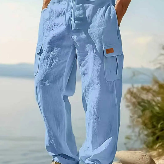 Men's Linen Cargo Style Pants Trouser with Drawstring Waist, Multiple Pockets, Straight Leg, Breathable Outdoor Beach Casual Long Pants, Breathable Casual Trousers