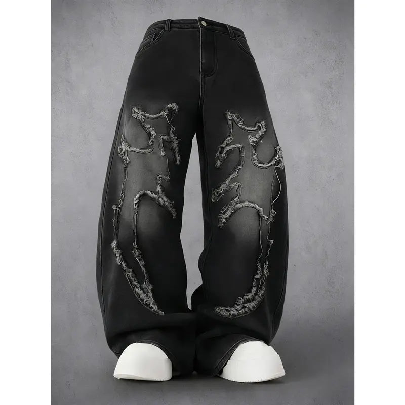 Men's Y2K Distressed Flame Baggy Jeans - Menswear Retro Casual Swag Clothes Products, Vintage Washed Black Denim, Frayed Patchwork, Streetwear Wide Leg Pants for Concert, Festival