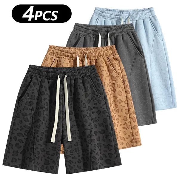 Men's Cotton Blend Sweat Shorts Casual Athletic Lounge, Loose Fit Drawstring with Pockets, Leopard Print Acid Wash, for Summer Workouts, Streetwear & Gym-to-Lounge
