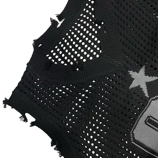 Men's Distressed 86-Hole V-Neck Retro Printed Knitted Mesh Sleeveless Vest - Loose Fitting, Medium Length, Raw Hem Edge, Layer-Ready, Breathable, Hip-Hop Edgy Athletic Casual Streetwear Top for Jeans, Baggy Pants
