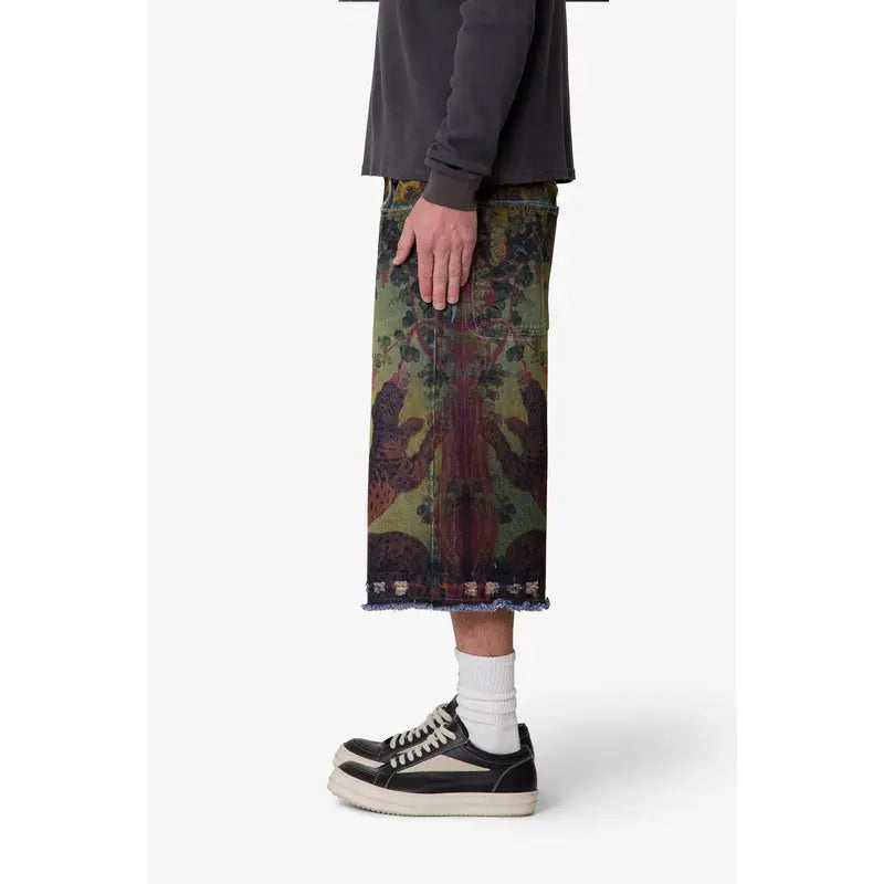 mnml Ultra Baggy Leopard Denim Shorts - Multi Vintage Sublimation
