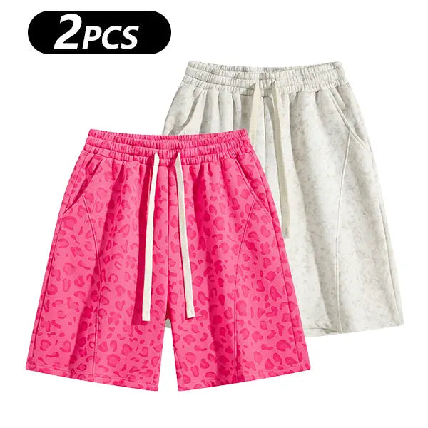 Men's Cotton Blend Sweat Shorts Casual Athletic Lounge, Loose Fit Drawstring with Pockets, Leopard Print Acid Wash, for Summer Workouts, Streetwear & Gym-to-Lounge