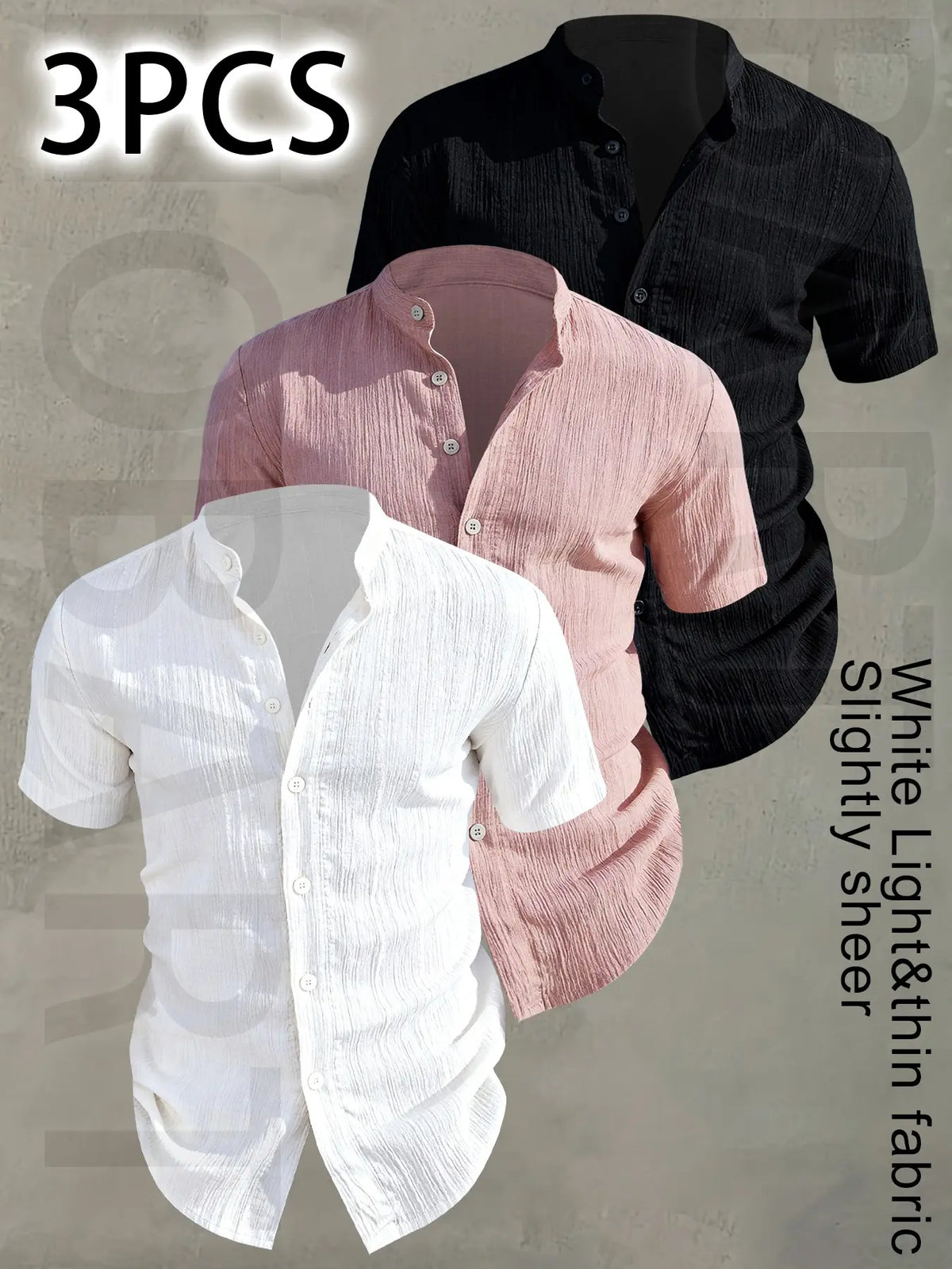 3pcs Set Men's Summer Short Sleeve - Lightweight Breathable Plain Color Button-Up Casual Shirt with Stand Collar, Low-cut collar designr Beach Vacation, Pool Party & Casual Attire, Beach Shirt, Collared Fitted Shirt, gift for husband