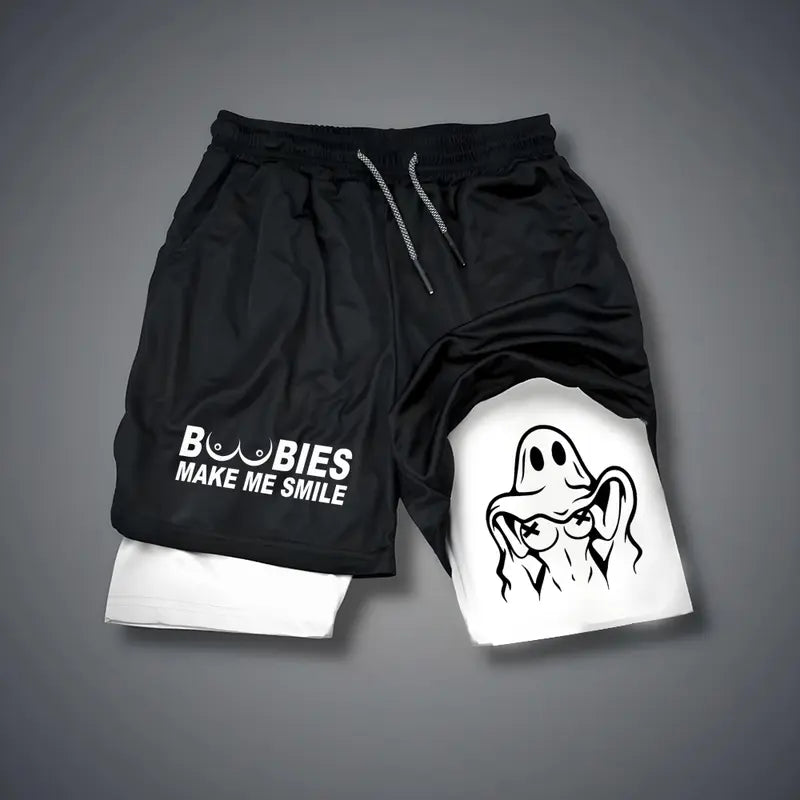 Men's Double-Layer Graphic Shorts - Black, Camo - Streetwear, Vacation Outfits - Bottoms for Menswear Ensembles