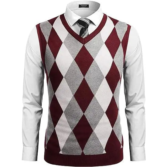 Fall Outfits Men's V-Neck Sleeveless Argyle Sweater Vest Slim Fit Casual Knitted Pullover for Spring Autumn Winter Office Wear & Party Events