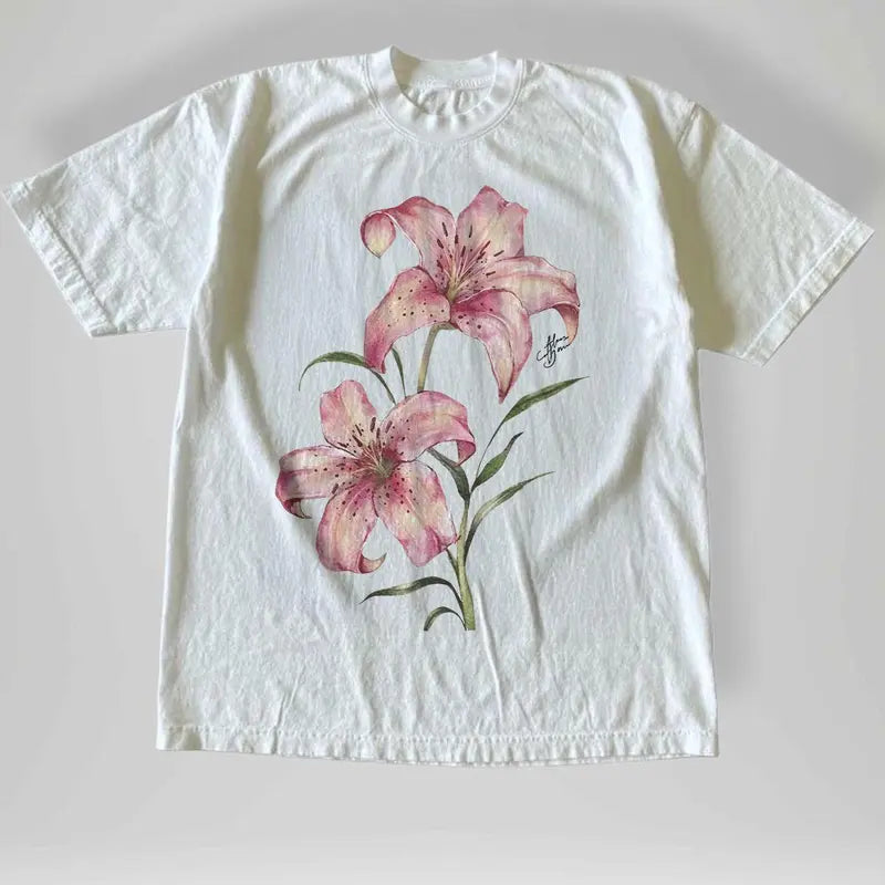Gildan Men's and Women's T-shirt, Vintage Style Pink Lily Floral Graphic Tee, Unisex T-shirt, Gift T-shirt, Y2k Unisex Graphic Tees Gothic Grunge Emo Scene Amity Affliction Style Clothes Menswear Womenswear Streetwear