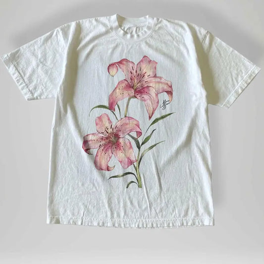 Gildan Men's and Women's T-shirt, Vintage Style Pink Lily Floral Graphic Tee, Unisex T-shirt, Gift T-shirt, Y2k Unisex Graphic Tees Gothic Grunge Emo Scene Amity Affliction Style Clothes Menswear Womenswear Streetwear