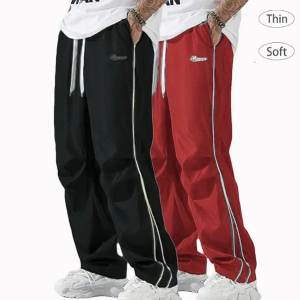 Father’s Day Gift Men’s Spring/Autumn Pants Set (1–3 pieces) | Lightweight & Soft | Side Gold Stripes | Loose Straight Fit | Street Style / Fitness / Casual Vibe | Black/Gray + Multiple Colors
