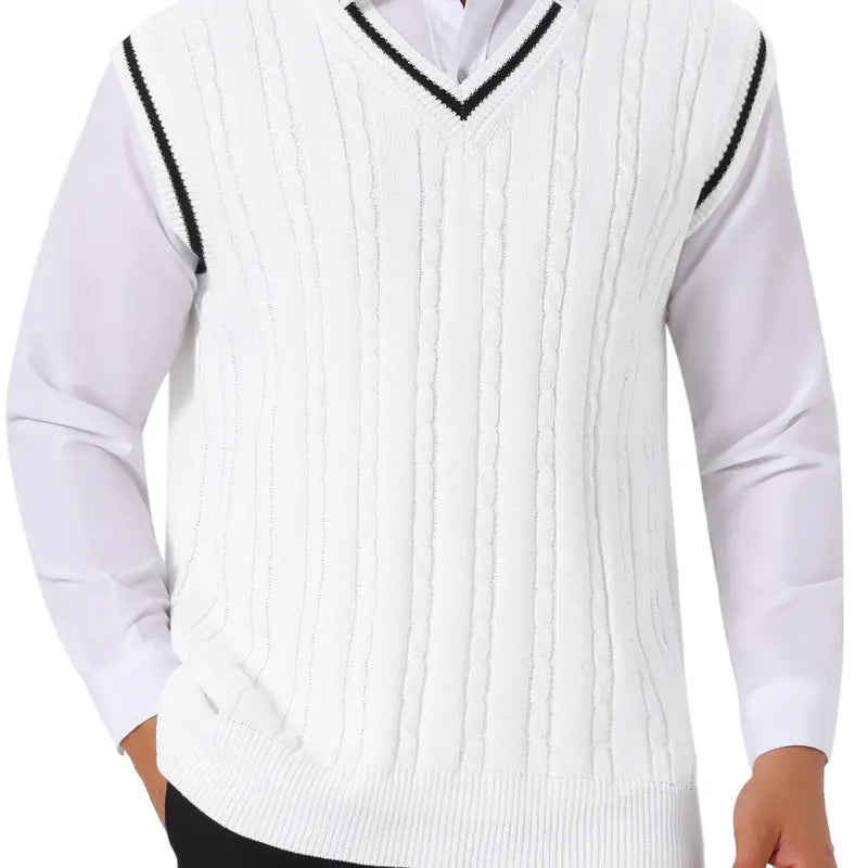 INSPIRE CHIC Men's Solid Color V-Neck Sleeveless Cable Knitted Sweater Vest