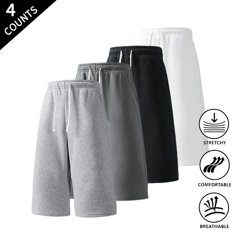 Men's Plain Fabric Casual Lounge Capri Pants (4-Pack) - Elastic Waist, Soft, Expandable, Above the Knee Everyday Cropped Bottoms in Coffee+Black+Light Gray+Rose Red, Light Gray+Black+Rose Red+Dark Gray, Rose Red+Navy Blue+Black+Light Gray