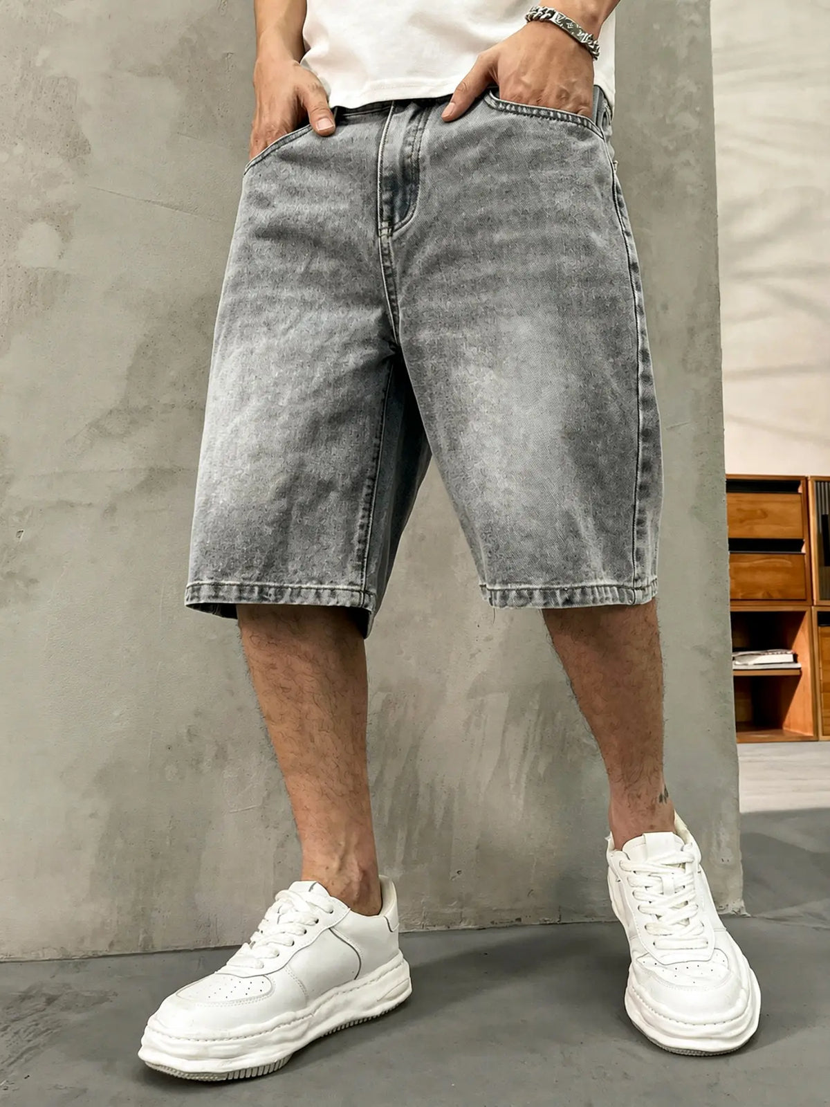Men's washed retro color denim shorts, Denim Look, trendy, versatile, loose straight-leg casual streetwear denim five-point pants