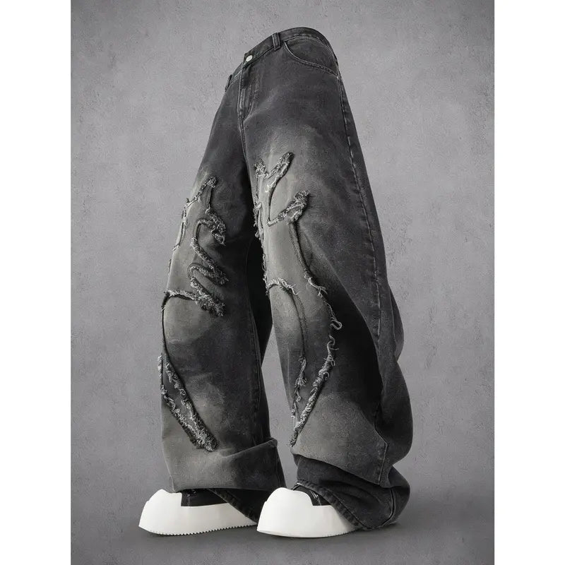 Men's Y2K Distressed Flame Baggy Jeans - Menswear Retro Casual Swag Clothes Products, Vintage Washed Black Denim, Frayed Patchwork, Streetwear Wide Leg Pants for Concert, Festival