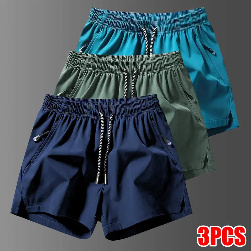 Men's 3-Counts Plain Solid Drawstring Shorts - Male Clothing, Drawstring Hold Fit, Casual Athletic Men's Shorts, Zipper Pockets, Chic Preppy Fitted Cut, Breathable Elastic Waist, Machine Washable Athleisure Bottoms, Athleisure to Beach
