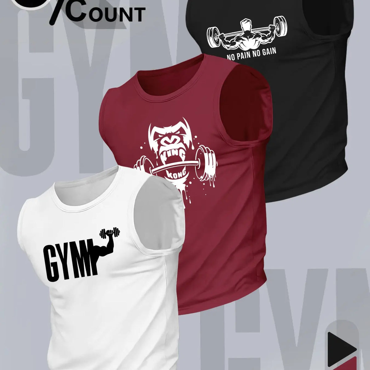 Men's 3 Pack Sleeveless Sports Wear Gym Tank Tops, No Pain No Gain Gorilla Barbell Print, Muscle Fit Workout Training Athletic Vests for Men