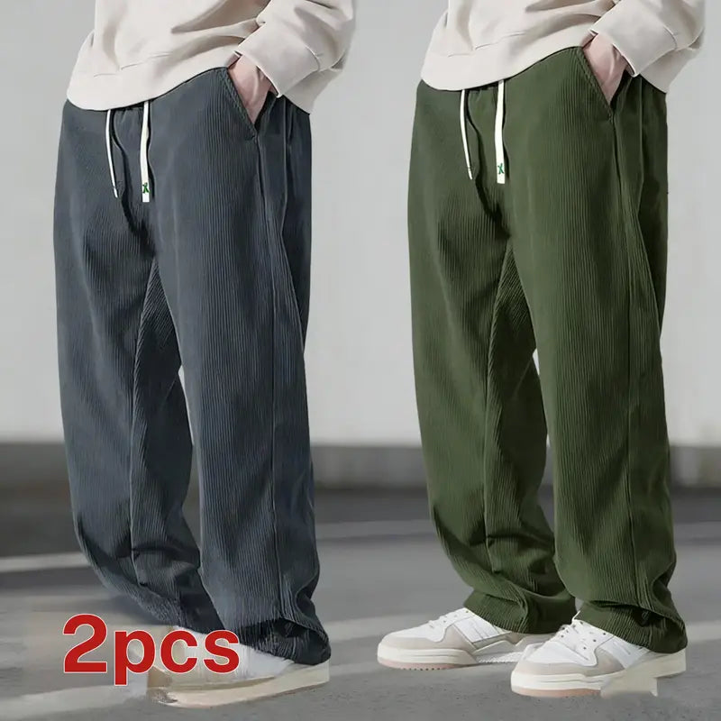 Men's Autumn Corduroy Casual Pants (2 Pairs) - Menswear Plain Trouser, 100% Polyester Clothing, Lightweight Loose Straight-Leg, Drawstring Waist Adapts to Your Fit