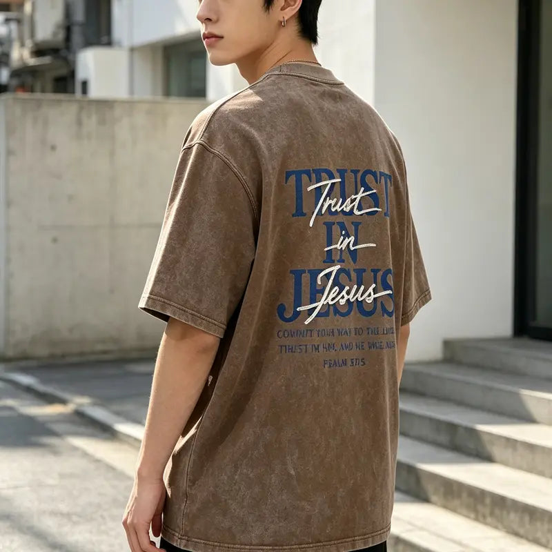 Christian Washed Oversized Tee, "Trust in Jesus" Psalm 37:5 Bible Verse Design, Faith-Based Gift for Men & Women