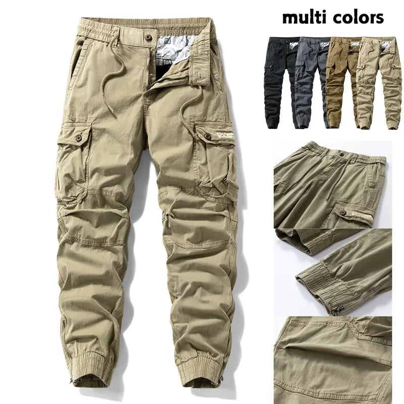 Men's Loose Casual Cargo Pants - Black Menswear with Drawstring Cuffs, Multiple Pockets, Drawstring Fit, Stylish Retro Casual Edge, All Seasons, Back to School First Day Outfits