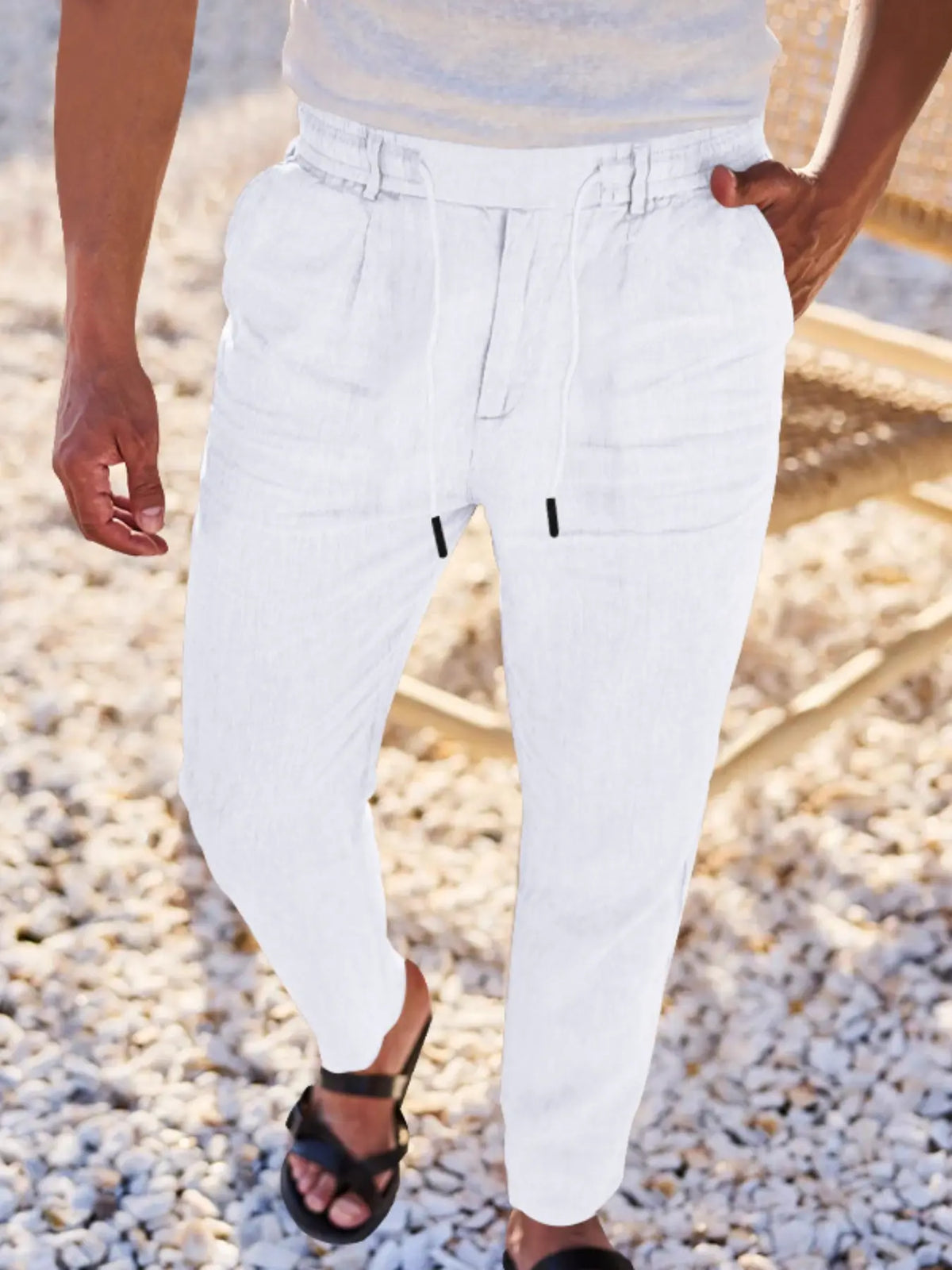Men's Linen Pants, Fashion Trousers, Pocket Drawstring Solid Color Plain Hip Hop Beach Sports Wide Leg Long Pants, Comfortable Versatile All-Season Wear