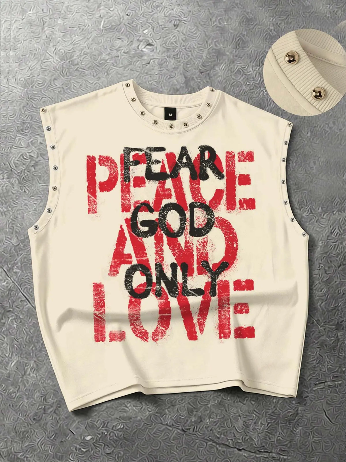 "Fear God Only" Slogan Loose-fitting Vest for Men and Women, Letter Print Geometric Metal Studs Vest, Aesthetic Summer Clothes, Street Fashion Vest, Y2k Summer Vest, 2026 New Streetwear Vest, Sleeveless, Fashion Tank Tops