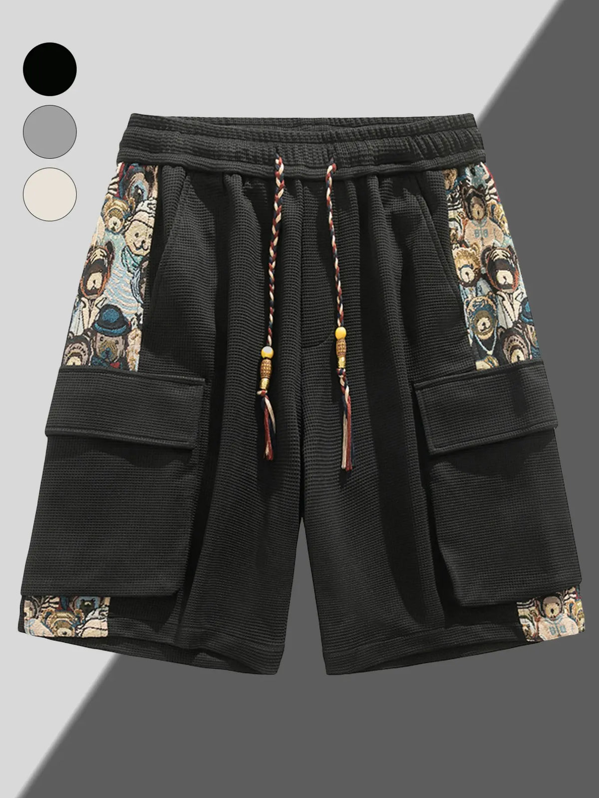 Men's Trendy Cargo Shorts with Cartoon Print, Casual Fitted Pocket Shorts for Summer, Stylish Drawstring Waist Shorts, Fashionable Shorts, Drawstrings Shorts