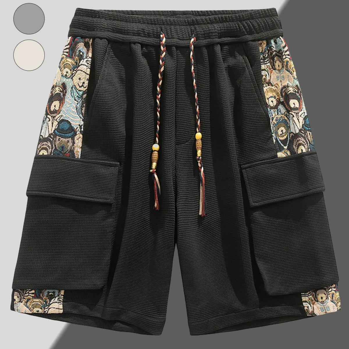 Men's Trendy Cargo Shorts with Cartoon Print, Casual Fitted Pocket Shorts for Summer, Stylish Drawstring Waist Shorts, Fashionable Shorts, Drawstrings Shorts