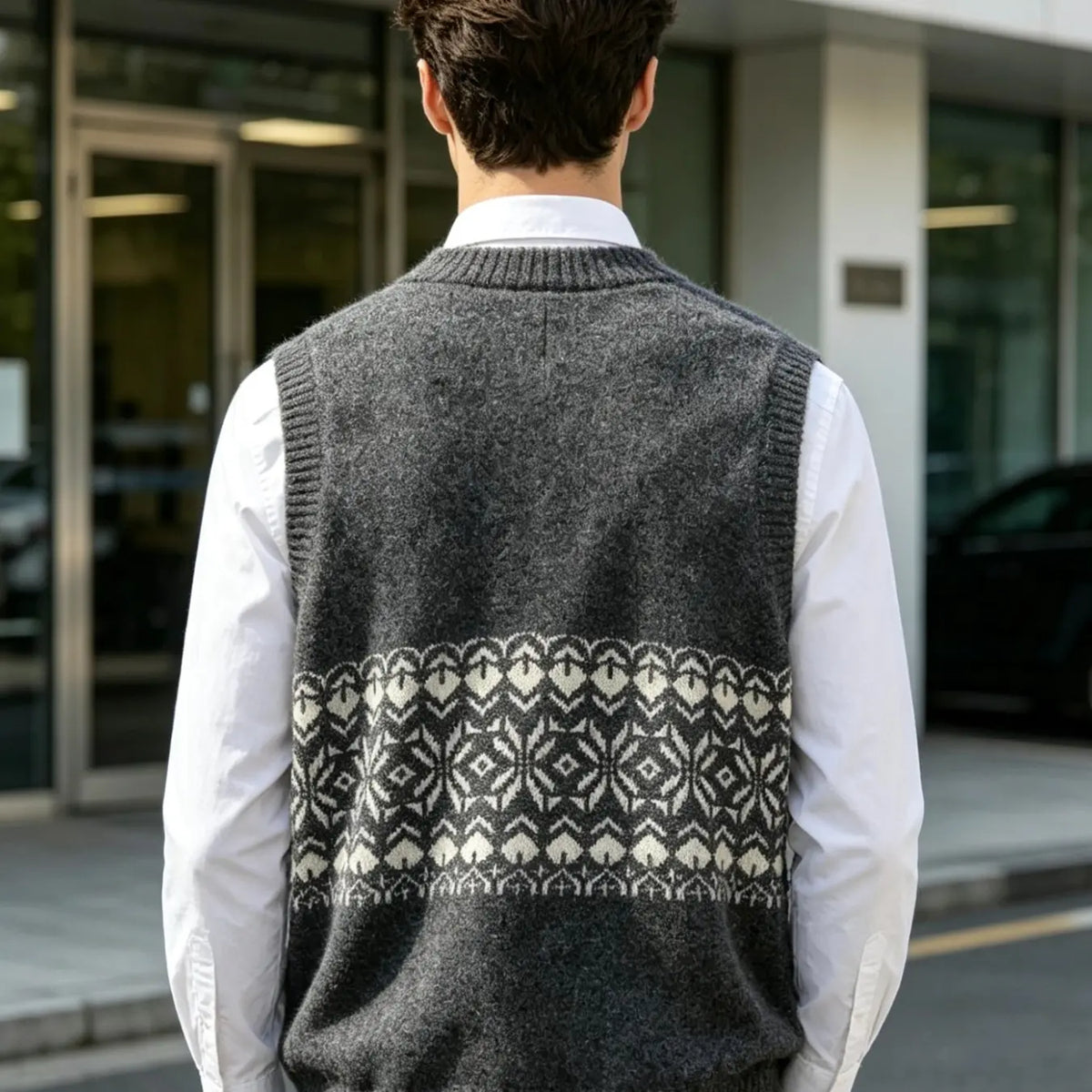 Men's Embroidered V-Neck Knit Vest, Loose College Style Sleeveless Sweater Vest, Vintage Geometric Pattern Fall Layering Cardigan