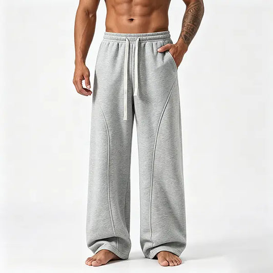 summervibes Men's Solid-Color Drawstring Pants with Curved Blade Design—relaxed fit suitable for all seasons. Street-style men's trousers perfect for everyday wear and layering. Menswear Beige daily wear pant